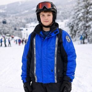 Spyder Boys Puffer Ski Jacket Size 18 Blue/Black/White Full Zip Winter Sports